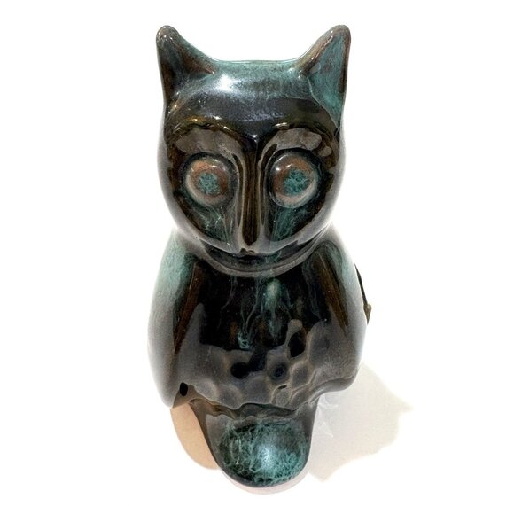 Blue Mountain Pottery Owl Figurine Blue Green Glaze Original label  Canada 3" - Picture 1 of 7